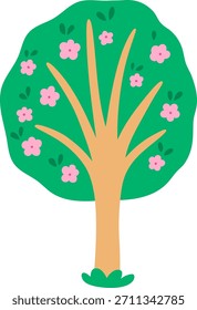 Vektorgrüner blühender Baum, Symbol einzeln auf weißem Hintergrund. Garten- oder Waldpflanze mit rosafarbenen Blumen und Blättern. Flacher Frühling, Osterdorf oder Bauernhofbild. Natürliches grünes Bild
