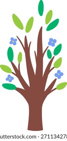 Icono de árbol floreciente verde Vector aislado sobre fondo blanco. Planta de jardín o bosque con flores y hojas azules. Primavera plana, pueblo de Pascua o ilustración de granja. Cuadro de vegetación natural
