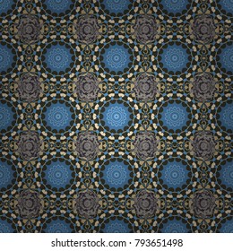 Vector green, blue and beige ethnic floral seamless pattern. Abstract Mandalas ornamental pattern.