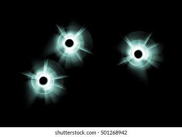Vector Green Blue Broken Glass Window with three Bullet Holes Close up on Dark Black Background