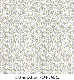 Espirales de oro verde azul marrón sobre patrón de repetición sin foco blanco. Antecedentes para textiles, tarjetas, manufactura, papel pintado, envoltura de regalo y reserva de chatarra.