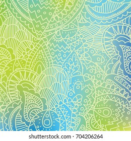 Vector green and blue doodle floral tribal boho lace elegant pattern gradient  background for card and women fashion design