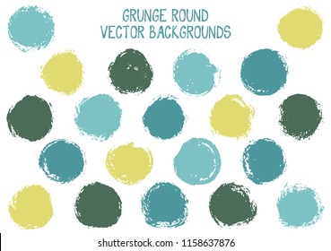Vector green blue grunge circles design. Trendy post stamp texture circle scratched label backgrounds. Circular tag, chalk logo shape, round button elements. Grunge round shape banner backgrounds set.