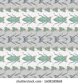 Vector Green and Blue Insects on Gray and White Stripes Seamless Repeat Pattern. Background for textiles, cards, manufacturing, wallpapers, print, gift wrap and scrapbooking.