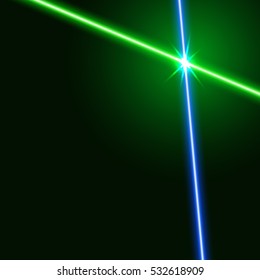 Vector  green and blue  laser beams isolated on dark background with light  flare.