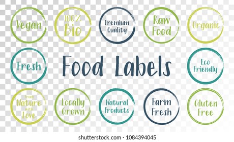 Vector green blue organic labels, eco stamps for restaurants menu, natural products packaging. Fresh raw food vegan gluten free eco friendly premium quality locally grown organic certified food labels