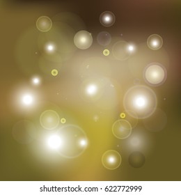 Vector green bokeh lights on a shiny green background. Green and ochre yellow glitter design. Street lights in the night fog. Gleaming celebration. Christmas lights. Feast, bohemian, festive mood. 
