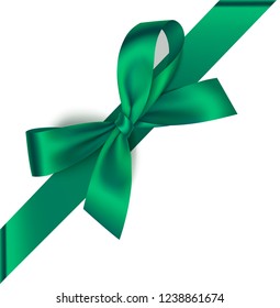 Vector green bow with diagonally ribbon on the corner of the page isolated on white.