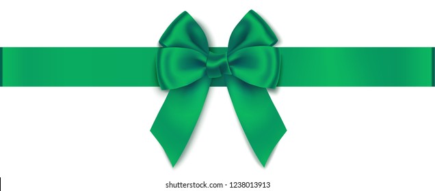 Vector green bow with horizontal ribbon isolated on white. Decorative bow for your design. Christmas decoration