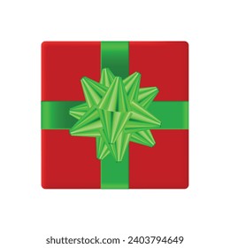 Arco verde vectorial en la caja de regalo roja sobre fondo blanco.
