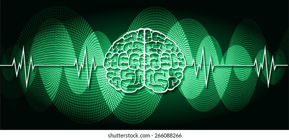 vector green brain processes technology, creative idea concept. wave