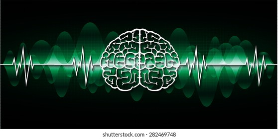 vector green brain processes technology, creative idea concept. wave. ecg, ekg, electrocardiogram.