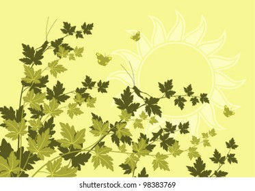 vector green branches with grasshoppers and butterflies