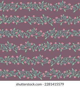 Vector green branches with leaves and flowers repeating pattern background. Perfect for fabric, scrapbooking, and wallpaper projects. Vector illustration