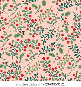 Vector Green Branches with Red Berries Seamless Pattern