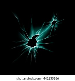 Vector Green Broken Shattered Crack Glass Window with Sharp Edges Close up on Dark Black Background