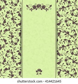 Vector green and brown invitation card with floral pattern.