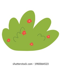 Vector green bush or bush with flowers. Cartoon style bush for postcard decoration.