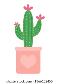 Vector green cacti with flowers in flowerpot. Isolated on white background. Cartoon flat style