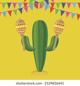 Vector green cactus with colorful musical maracas. Cinco de mayo symbol on yellow background.