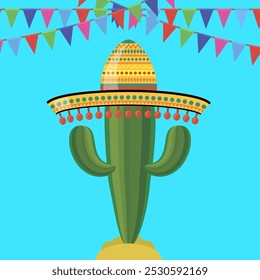 Vector green cactus with colorful musical maracas. Cinco de mayo symbol on yellow background.