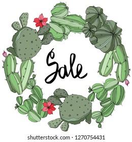 Vector Green cactus floral botanical flower. Wild spring leaf wildflower isolated. Engraved ink art. Frame border ornament square.
