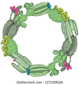 Vector Green cactus floral botanical flower. Wild spring leaf wildflower isolated. Engraved ink art. Frame border ornament square.