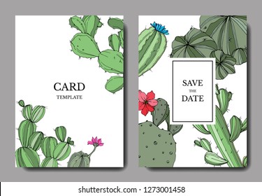 Vector Green cactus floral botanical flower. Wild spring leaf isolated. Engraved ink art. Wedding background card decorative border. Invitation elegant card illustration graphic set banner.