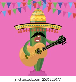 Vector green cactus with musical guitar. Cinco de mayo symbol on pink background.