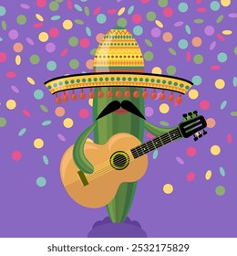 Vector green cactus with musical guitar. Cinco de mayo symbol on confetti background.