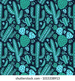 vector green cactus seamless pattern isolated in blue background