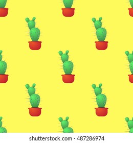 Vector Green Cactus Seamless Pattern on Yellow. Houseplant Background.