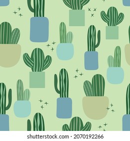 Vector green cactuses succulents  plants seamless pattern design. Cute art style great for kids fashion, textiles, accessories, wallpaper and more. 