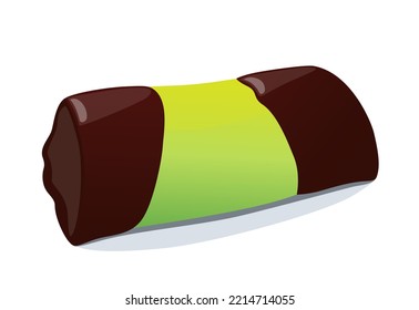 Vector green candy dammsugare, traditional swedish punch roll with marzipan, flat illustration of sweet punschrulle isolated on white
background