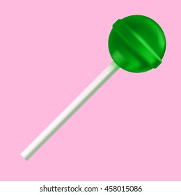 Vector green candy isolated on pink background. Sweet round lollipop icon.