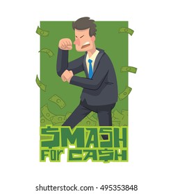 Vector green card with banknotes and with cartoon image of a businessman with curly black hair, fighting on a white background. Inscription "Smash for cash".  Business fight. Office warrior. Money.