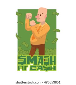 Vector green card with banknotes and with cartoon image of a bald businessman, fighting on a white background. Inscription "Smash for cash".  Business fight. Office warrior. Money.