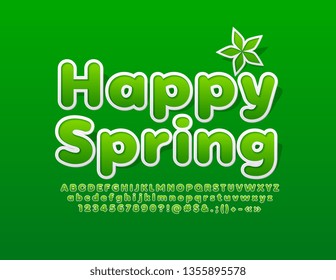 Vector green card Happy Spring with sticker style Font. Fresh Alphabet Letters, Numbers and Symbols