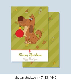Vector green card "Merry Christmas and Happy New Year" with cartoon image of a cute brown dog sitting with a red Christmas ball in his mouth on a white background. Christmas, New Year, holiday.