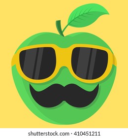 Vector green cartoon  apple glasses and mustache isolated icon.