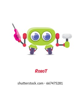 vector green cartoon cute flat robot icon isolated on white. green funny robot logo design template