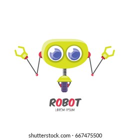 vector green cartoon cute flat robot icon isolated on white. green funny robot logo design template
