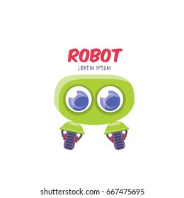 vector green cartoon cute flat robot icon isolated on white. green funny robot logo design template