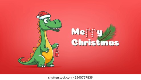 Vector green cartoon funny cute baby dinosaur rex or crocodile cub. Cartoon prehistoric extinct animal, reptile in Santa Claus hat. Merry Christmas and Happy New Year. Ball toy and fir branch.