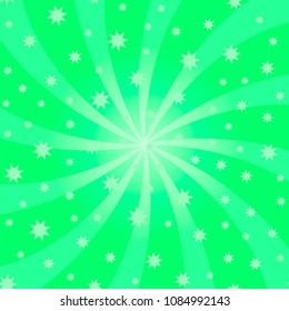 Vector Green Cartoon Swirl Design. Vortex Starburst Spiral Twirl Square. Helix Rotation Rays. Swirling Radial Pattern. Converging Psychedelic Scalable Striped Illusion. Sky with Sun Light Beams.