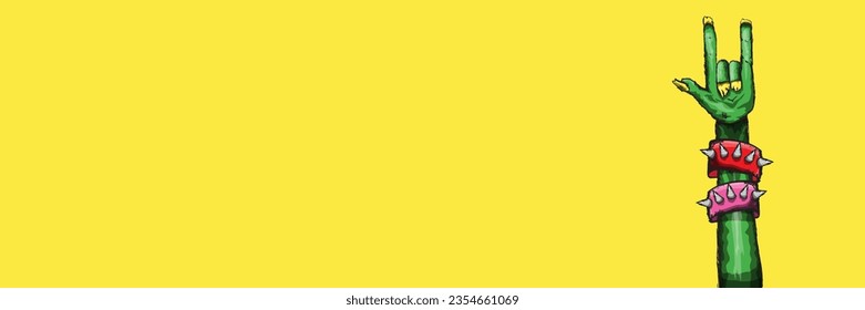 vector green cartoon Zombie rock n roll hand isolated on horizontal yellow background with space for text . vector Zombie party halloween background or horizontal heavy metal poster design template