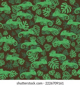 El Vector Verde Chameleon y las hojas de Monstera aisladas en fondo marrón. Patrón tropical sin foco.