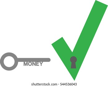 Vector green check mark  with money key.