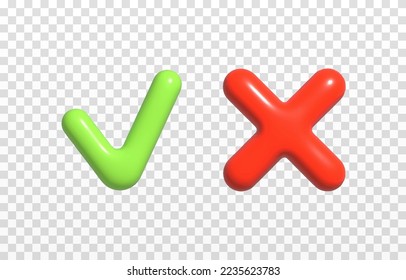 Vector green check mark and red cross on isolated transparent background. Confirmation symbol png. Prohibition symbol, cancellation png.