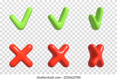 Marca de verificación verde vectorial y cruz roja sobre fondo transparente aislado. Símbolo de confirmación png. Símbolo de prohibición png. Símbolo de diferentes ángulos.